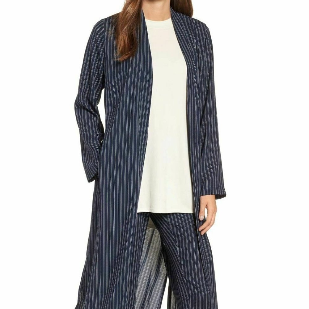 Eileen Fisher Midnight Blue Double Stripe Belted Long Kimono Jacket